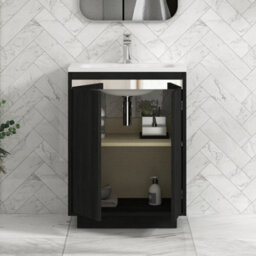 Royal Bathrooms Orion 600mm Floor Standing Bathroom Vanity Unit 2 Door Hale Black With Matt Stone Basin & Chrome Accent Trim - thumbnail 5