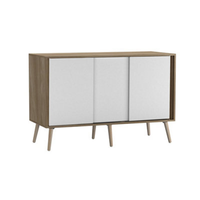 Urbn-Living Urbnliving 3-Door Sliding Cabinet Sideboard Oak Carcass With White Doors Storage Organiser Home Cupboard Pine Wooden Legs - image 1