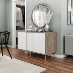 Urbn-Living Urbnliving 3-Door Sliding Cabinet Sideboard Oak Carcass With White Doors Storage Organiser Home Cupboard Pine Wooden Legs - thumbnail 2