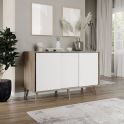 Urbn-Living Urbnliving 3-Door Sliding Cabinet Sideboard Oak Carcass With White Doors Storage Organiser Home Cupboard Pine Wooden Legs - thumbnail 3