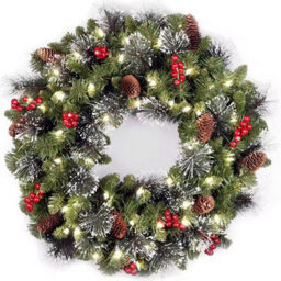 Pre Lit Christmas Wreath With Mixed Pine, Berries & Pine Cones  Wall & Door Décor