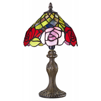 Happy Homewares Red And Pink Rose Decorated Stained Glass Tiffany Lamp - image 1