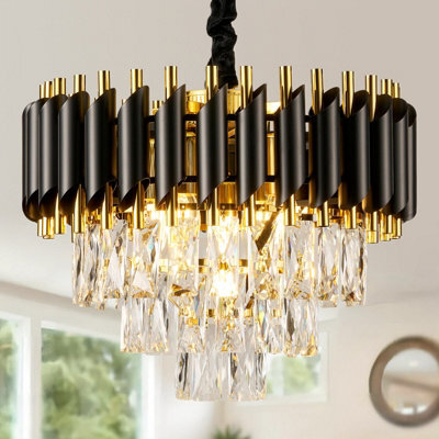 Harper Living Crystal Chandelier, Modern Pendant Ceiling Light 3-Tier Crystals, Black & Gold Finish, Height Adjustable - image 1