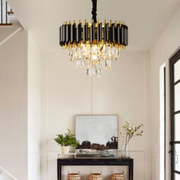 Harper Living Crystal Chandelier, Modern Pendant Ceiling Light 3-Tier Crystals, Black & Gold Finish, Height Adjustable - thumbnail 2