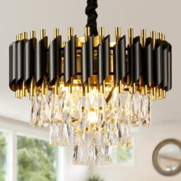 Harper Living Crystal Chandelier, Modern Pendant Ceiling Light 3-Tier Crystals, Black & Gold Finish, Height Adjustable