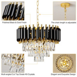 Harper Living Crystal Chandelier, Modern Pendant Ceiling Light 3-Tier Crystals, Black & Gold Finish, Height Adjustable - thumbnail 5