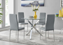 Furniturebox Selina Chrome Round Square Leg Glass Dining Table And 4 Elephant Grey Milan Chairs Set - thumbnail 1