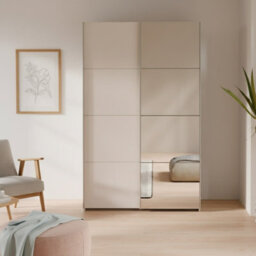 Sophistispace 2 Door Sliding Wardrobe With Mirror Internal Shelves Sleek White Finish For Contemporary Bedrooms Cashmere - thumbnail 1