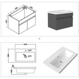AVER-GROWTH 600mm Bathroom Vanity Unit With Resin Sink 2 Doors Wall Hung Matt Grey Bathroom Cabinet Storage Cupboard Furniture - thumbnail 5