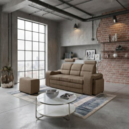 Wenus Upholstered Sofa Bed Dl Sleeping Function With Two Pouffes Adjustable Headrests 205X93X95 Cm Beige - thumbnail 1
