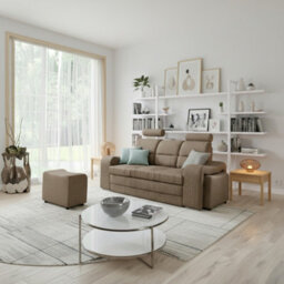 Wenus Upholstered Sofa Bed Dl Sleeping Function With Two Pouffes Adjustable Headrests 205X93X95 Cm Beige - thumbnail 4