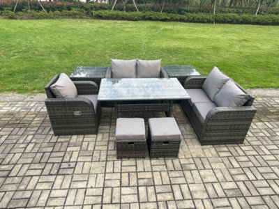 Fimous 7 Seater Lounge Rattan Sofa Set Outdoor Garden Furniture Oblong Rectangular Dining Table With Chairs 2 Small Footstools - image 1
