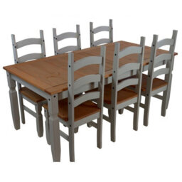 "Mercers Furniture Corona Grey Wax 6'0"" Dining Table & 6 Chairs Set Solid Pine With Mexican Styling"