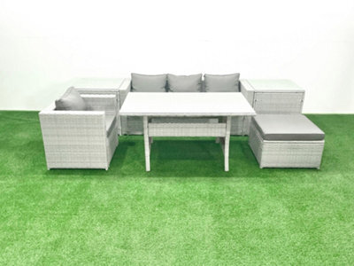 Fimous Rattan Garden Furniture Dining Set 5 Seater Lounge Sofa Chair Dining Table Set Big Stool Light Grey - image 1