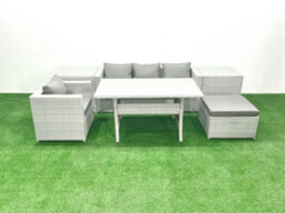 Fimous Rattan Garden Furniture Dining Set 5 Seater Lounge Sofa Chair Dining Table Set Big Stool Light Grey - thumbnail 2