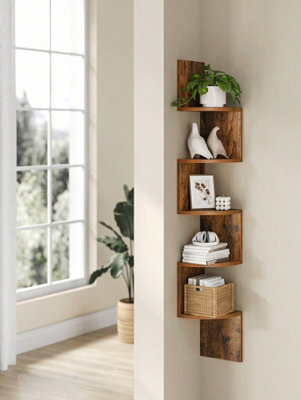 Songmics Vasagle Corner Shelf, 5-Tier Floating Wall Shelf With Zigzag Design, Bookshelf, Rustic Brown - image 1