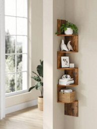 Songmics Vasagle Corner Shelf, 5-Tier Floating Wall Shelf With Zigzag Design, Bookshelf, Rustic Brown - thumbnail 1