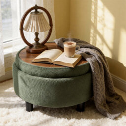 Abrihome Dark Green Round Storage Ottoman With Removable Tray Top, Nubby Upholstered Coffee Table For Living Room & Bedroom - thumbnail 9