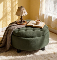 Abrihome Dark Green Round Storage Ottoman With Removable Tray Top, Nubby Upholstered Coffee Table For Living Room & Bedroom