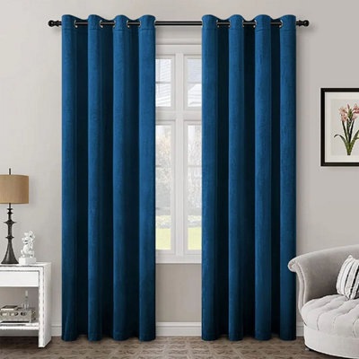 Aspire Homeware Navy Velvet Curtain Room Darkening Blackout Eyelet Curtain Pair (W) 168Cm X (D)228Cm With Tie Back Pair - image 1
