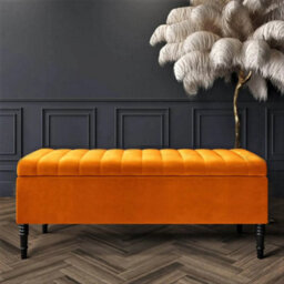 90Cm Paris Striped Ottoman Storage Bench- Plush Velvet Shoe Bench - Burnt Orange Upholstery Footstool With Storage