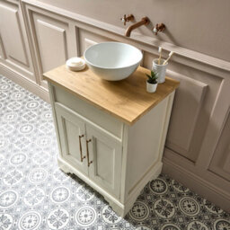 Homestylestore Antique White And Oak 645mm Bathroom Vanity Unit With Round Countertop Basin And Brushed Copper T Bar Handles - thumbnail 3