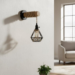 Vintage Wood Wall Lamp Black E27 Sconce Lights For Living Room, Bedrooms, Hallway, Stair Wall Light With Rope ,bulb - thumbnail 8