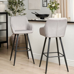 Wyld And Coco Home Velvet Bar Stool Set Of 2 Taupe With Arms, Black Metal Legs, Integrated Footrest - thumbnail 2