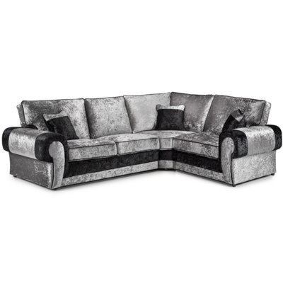 Furnishings For Less UK Chelsea Black And Silver Crushed Velvet Large 4 Seater Corner Sofa 2 Corner 1 Rolled Arms