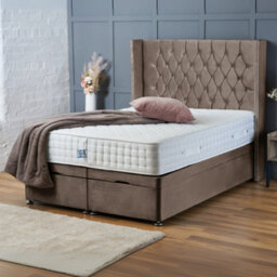 Bsspoke Chesterfield Winged Back Divan Bed End Lift Up Storage Base Mink Velvet Color With Mattress & Headboard All Sizes - thumbnail 1