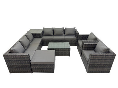 Fimous 9 Seater Garden Outdoor Rattan Furniture Set Patio Corner Sofa Rectangular Coffee Table With Big Stool Side Table Dark Grey - image 1