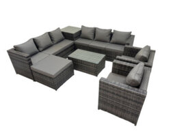 Fimous 9 Seater Garden Outdoor Rattan Furniture Set Patio Corner Sofa Rectangular Coffee Table With Big Stool Side Table Dark Grey - thumbnail 2