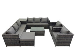 Fimous 9 Seater Garden Outdoor Rattan Furniture Set Patio Corner Sofa Rectangular Coffee Table With Big Stool Side Table Dark Grey - thumbnail 1