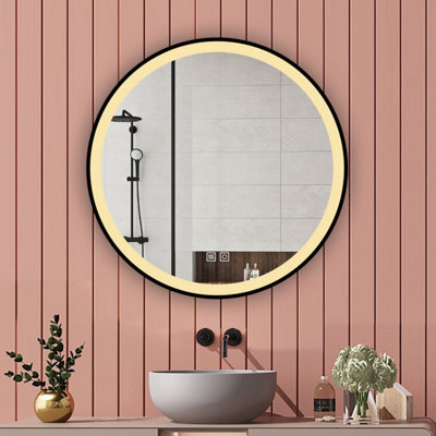Probaty Bathrooms 700mm Round Led Mirror 3-Color Dimmable With Anti-Fog Touch Sensor Black Framed Backlit Vanity Wall Mirror - image 1