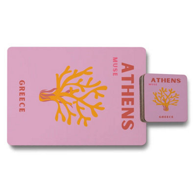 Benjamin Tate Design Athens Muse Greece Coral Design Placemat Coaster Set Wood Base Limited Print Collection - image 1