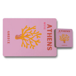 Benjamin Tate Design Athens Muse Greece Coral Design Placemat Coaster Set Wood Base Limited Print Collection