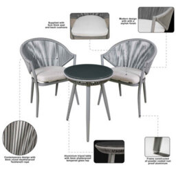 Dellonda Echo 3 Piece Aluminium Outdoor Balcony Chair & Table Set Glass Top Grey - thumbnail 4