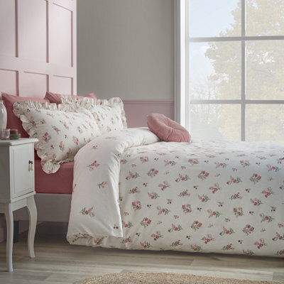 Catherine Lansfield Brushed Ditsy Floral Cotton Reversible Double Duvet Cover Set With Pillowcases Pink - image 1