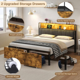Abrihome 4Ft6 Double Bed Metal Frame With 2 Storage Drawers, Rgb Led Storage Headboard With Charging Station, Black+Walnut (No Mattress) - thumbnail 4