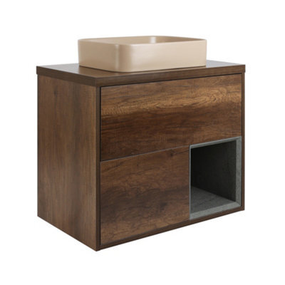 Homestylestore Dark Oak 800mm Led Lit Wall Hung Bathroom Vanity Unit Rectangular Sand Countertop Basin Open Shelf - image 1