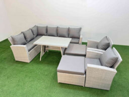 Fimous Garden Outdoor Rattan Furniture Set Rattan Corner Sofa Oblong Dining Table With 2 Armchairs 2 Big Footstools 10 Seater - thumbnail 2