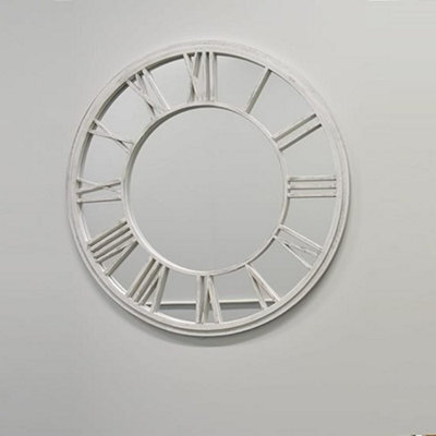 Deenz White Brushed Grey Round Roman Numeral Clock Style Frame Indoor/outdoor Wall Mirror 80Cm Garden Art Decor Window Style
