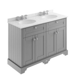 Hudson Reed Floor Standing Four Door Traditional Vanity Unit With 3 Tap Hole Grey Marble Double Basin In Storm Grey, 1220 X 470mm