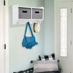 Taylor & Brown Wall-Mounted 3 Hook Coat Rack With Shelf & 2 Fabric Baskets, Modern Hallway Organiser, W60Xd20Xh34Cm (White) - thumbnail 3