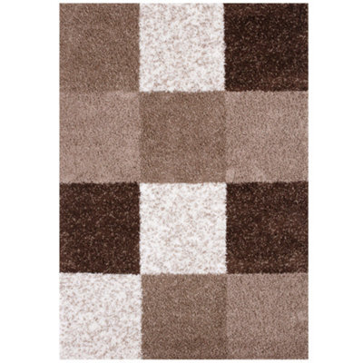 The Rugs Brown And Ivory Soft Checkerboard Design Fluffy Shaggy Rugs And Runners High Pile Living Room Kitchen Hallway 381 - image 1