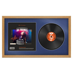 "30X17"" Oak Modern Vinyl Record Frame With Blue Mount For 12 Inch Lp Album Cover & Disc - Ak Frames"