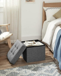 Songmics Folding Storage Chest Ottoman Footstool Portable Picnic Seat Versatile Space-Saving Cubes Max Load 300 Kg Linenette Dark Grey - thumbnail 2