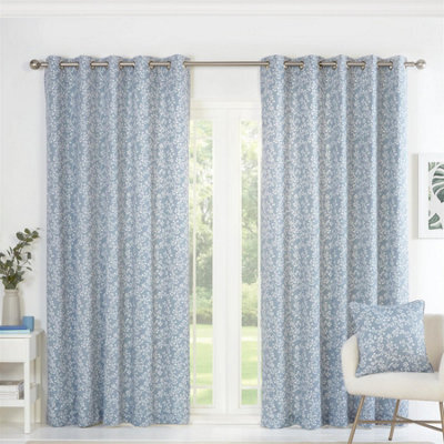 "Sundour Sade Fully Lined Ready Made Floral Eyelet Curtains Blue 46X54""" - image 1