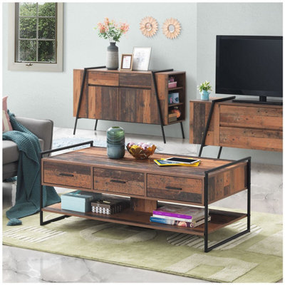 Timber Art Design Abbey Coffee Table With 3 Drawers Rustic Industrial Oak Effect Living Room - image 1
