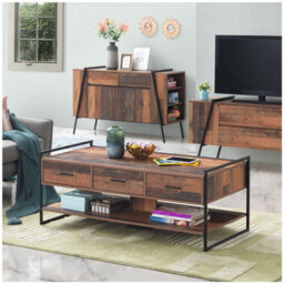 Timber Art Design Abbey Coffee Table With 3 Drawers Rustic Industrial Oak Effect Living Room - thumbnail 1